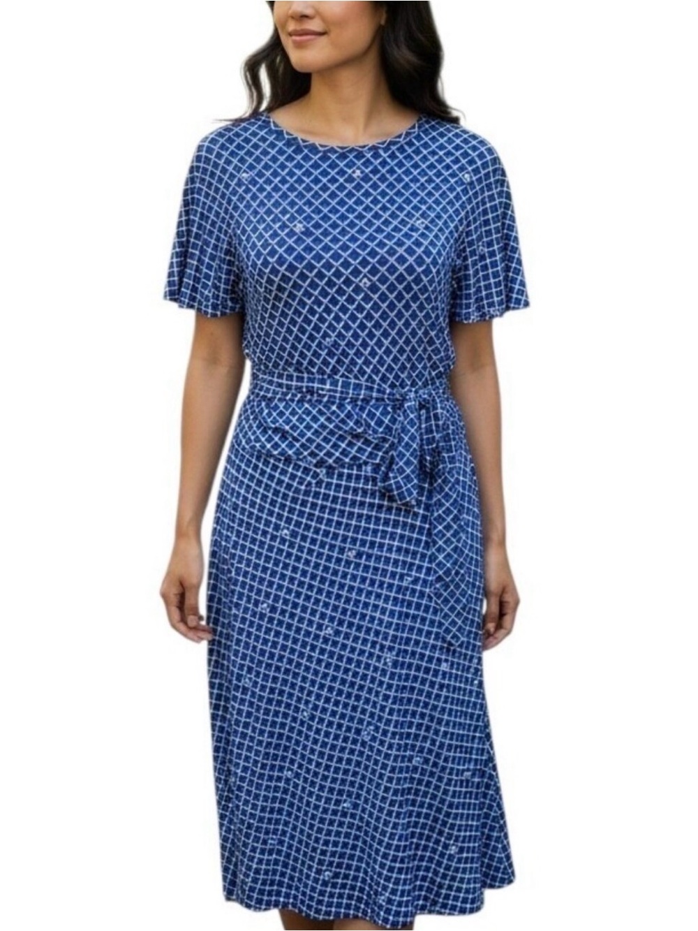 Ralph Lauren Blue Geometric Tie-Waist Midi Dress